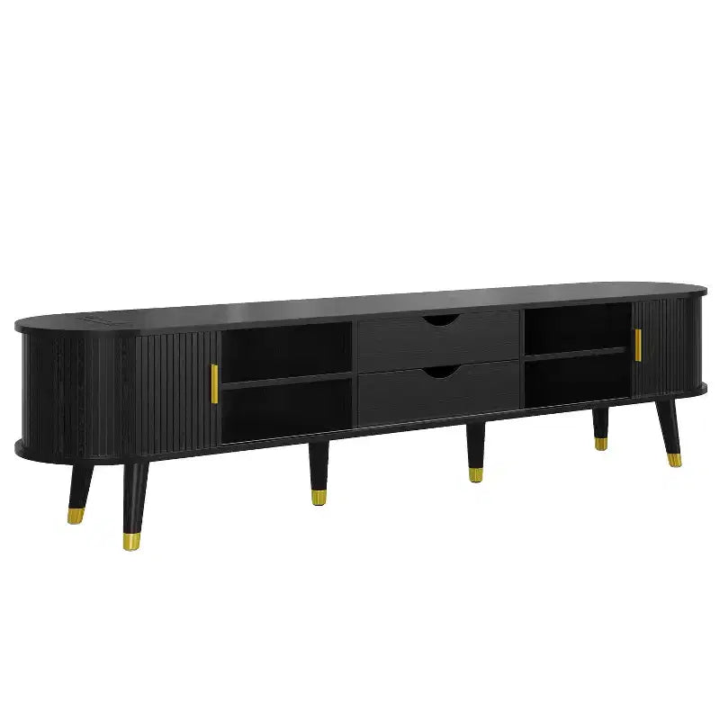 Meuble TV ovale cannelé en bois avec station de recharge pour téléviseurs jusqu'à 80 pouces, console multimédia de style Mid-Century avec porte coulissante à tambour