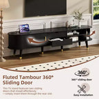 Meuble TV ovale cannelé en bois avec station de recharge pour téléviseurs jusqu'à 80 pouces, console multimédia de style Mid-Century avec porte coulissante à tambour