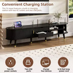 Meuble TV ovale cannelé en bois avec station de recharge pour téléviseurs jusqu'à 80 pouces, console multimédia de style Mid-Century avec porte coulissante à tambour