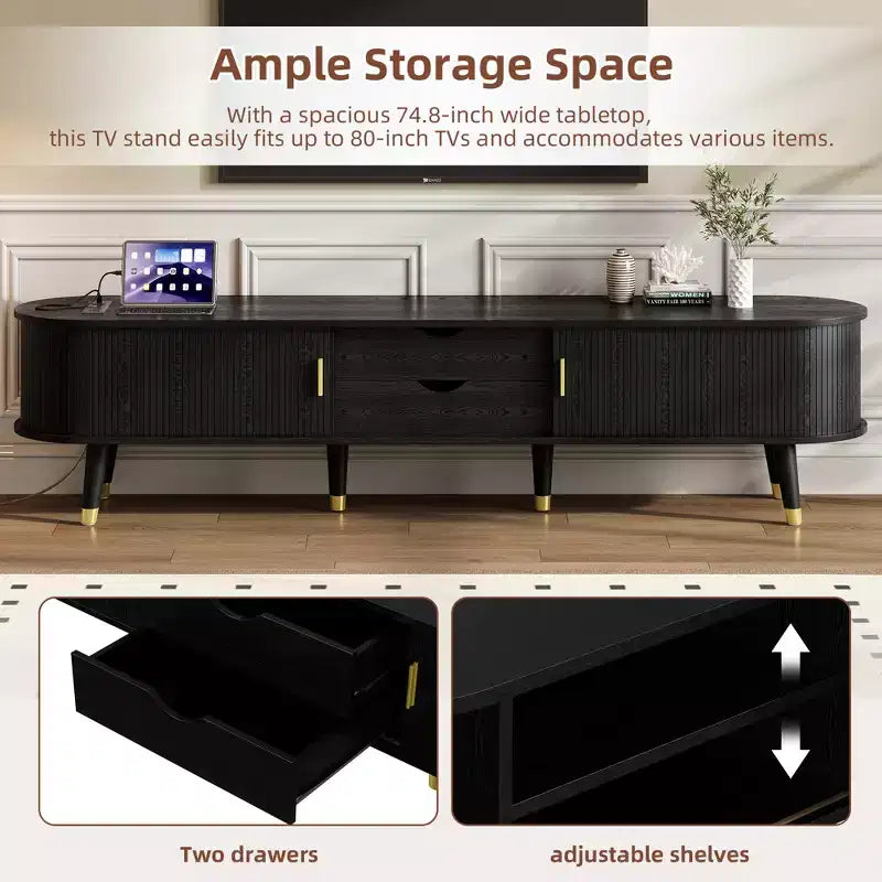 Meuble TV ovale cannelé en bois avec station de recharge pour téléviseurs jusqu'à 80 pouces, console multimédia de style Mid-Century avec porte coulissante à tambour