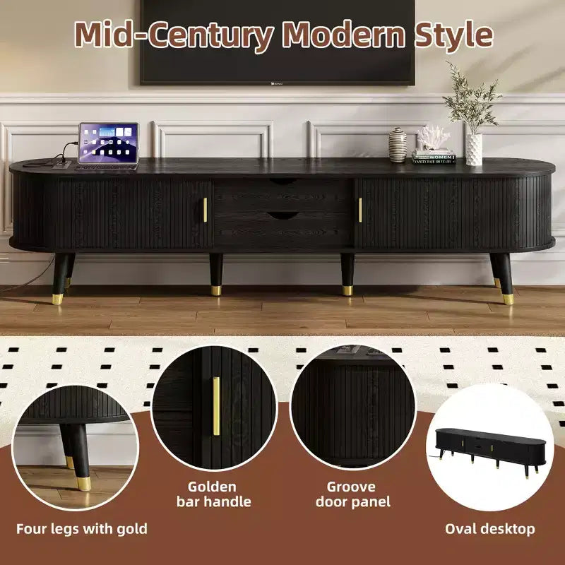 Meuble TV ovale cannelé en bois avec station de recharge pour téléviseurs jusqu'à 80 pouces, console multimédia de style Mid-Century avec porte coulissante à tambour