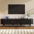 CLIHOME Wooden Oval Fluted TV Stand with Charging Station for TV up to 80, Mid-Century Media Console with Sliding Tambour Door