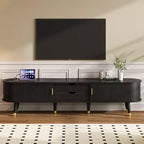 CLIHOME Wooden Oval Fluted TV Stand with Charging Station for TV up to 80, Mid-Century Media Console with Sliding Tambour Door