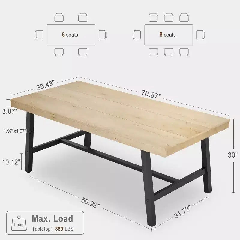 Table à manger industrielle de 63 pouces pour 4 à 6 personnes, table de cuisine en bois avec cadre métallique robuste, comptoir rectangulaire pour salle à manger