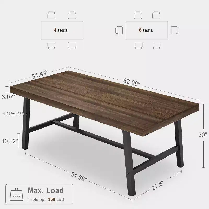 Table à manger industrielle de 63 pouces pour 4 à 6 personnes, table de cuisine en bois avec cadre métallique robuste, comptoir rectangulaire pour salle à manger