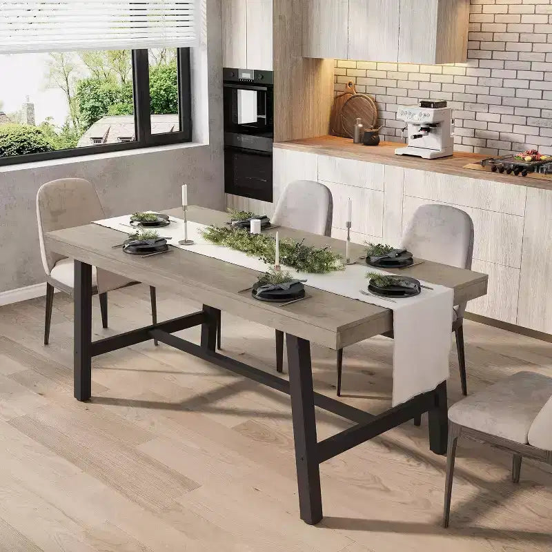 Table à manger industrielle de 63 pouces pour 4 à 6 personnes, table de cuisine en bois avec cadre métallique robuste, comptoir rectangulaire pour salle à manger