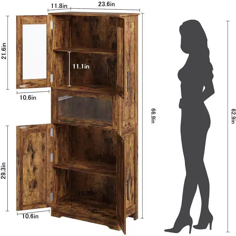 Meuble de rangement haut avec portes vitrées, étagères réglables et tiroir, organisateur mince pour cuisine, salle de bain, salon