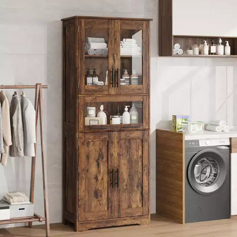 Meuble de rangement haut avec portes vitrées, étagères réglables et tiroir, organisateur mince pour cuisine, salle de bain, salon