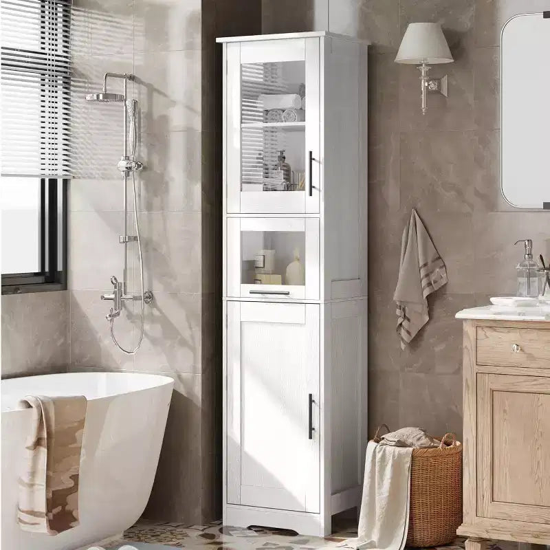 Meuble de rangement haut avec portes vitrées, étagères réglables et tiroir, organisateur mince pour cuisine, salle de bain, salon