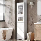 Meuble de rangement haut avec portes vitrées, étagères réglables et tiroir, organisateur mince pour cuisine, salle de bain, salon