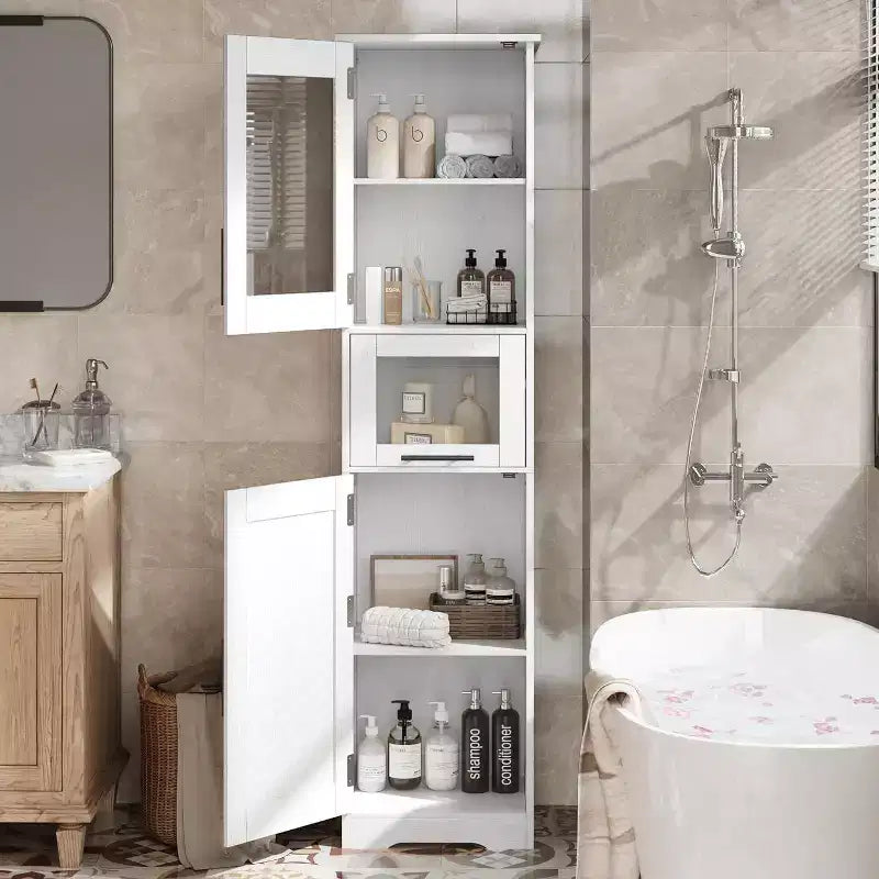 Meuble de rangement haut avec portes vitrées, étagères réglables et tiroir, organisateur mince pour cuisine, salle de bain, salon