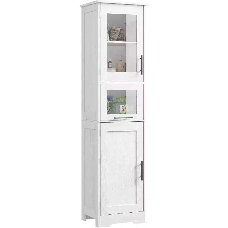 Meuble de rangement haut avec portes vitrées, étagères réglables et tiroir, organisateur mince pour cuisine, salle de bain, salon