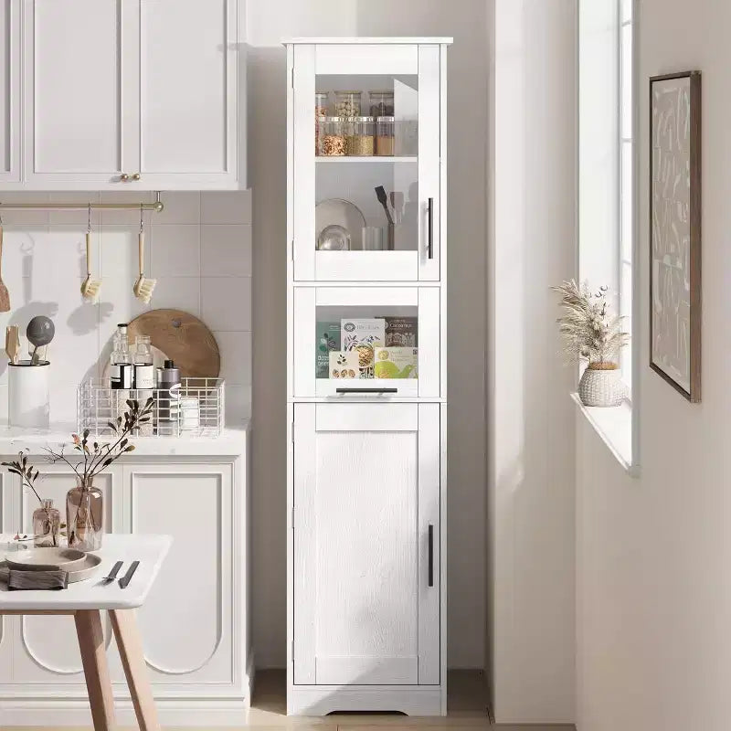 Meuble de rangement haut avec portes vitrées, étagères réglables et tiroir, organisateur mince pour cuisine, salle de bain, salon