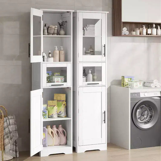 Acekool Tall Storage Cabinet with Glass Doors, Adjustable Shelves & Drawer, Slim Organizer for Kitchen, Bathroom, Living Room