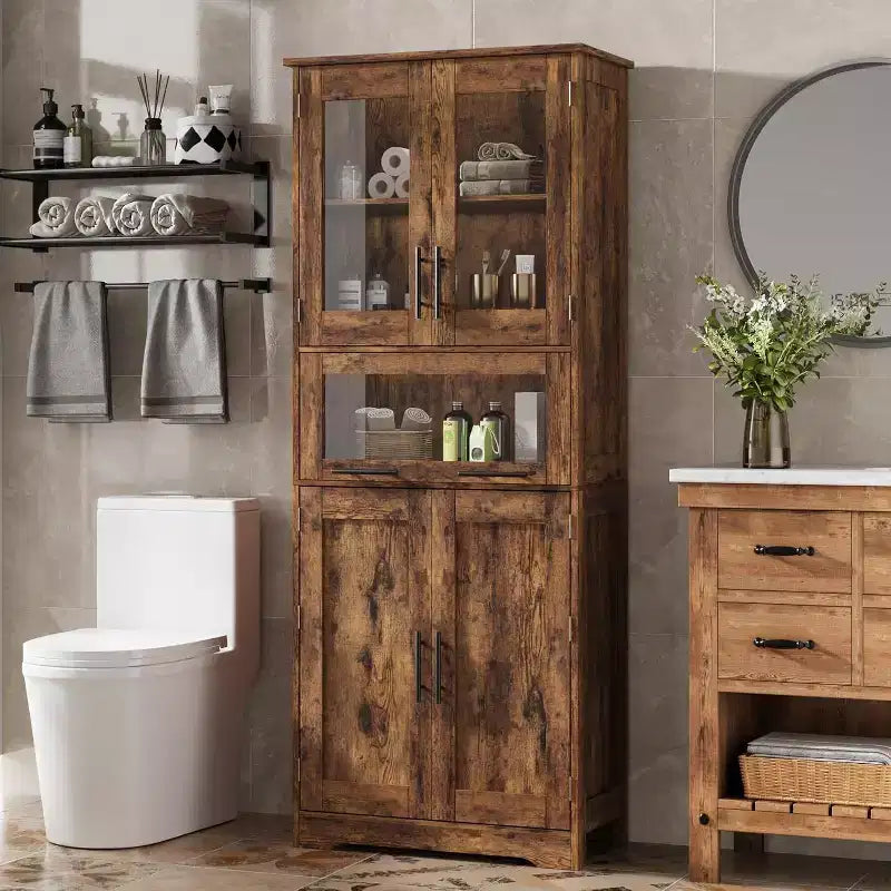 Meuble de rangement haut avec portes vitrées, étagères réglables et tiroir, organisateur mince pour cuisine, salle de bain, salon