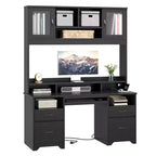 Bureau de direction Hutch avec tiroirs et station de recharge, 78 po H Bureau de travail LED moderne en bois avec armoire et tablette pour clavier