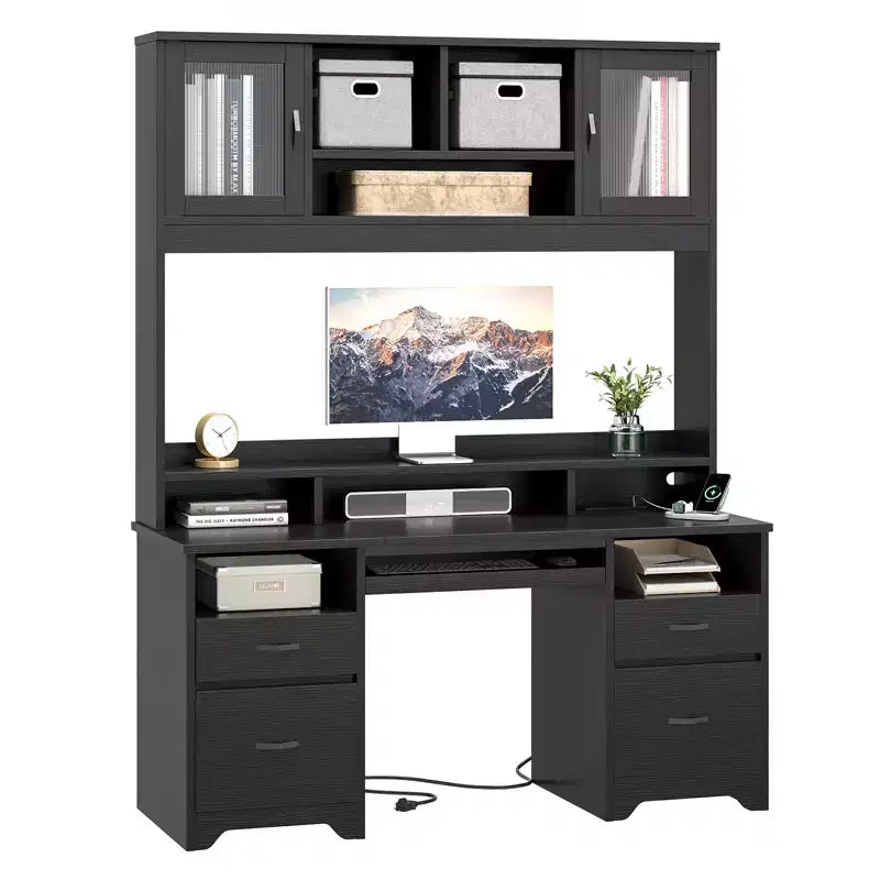 Bureau de direction Hutch avec tiroirs et station de recharge, 78 po H Bureau de travail LED moderne en bois avec armoire et tablette pour clavier