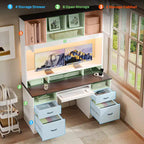 Bureau de direction Hutch avec tiroirs et station de recharge, 78 po H Bureau de travail LED moderne en bois avec armoire et tablette pour clavier