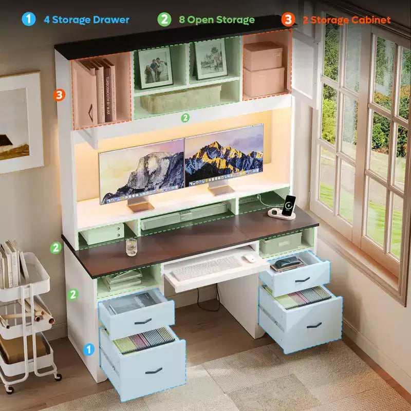 Bureau de direction Hutch avec tiroirs et station de recharge, 78 po H Bureau de travail LED moderne en bois avec armoire et tablette pour clavier