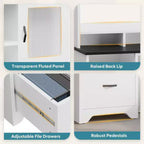 Bureau de direction Hutch avec tiroirs et station de recharge, 78 po H Bureau de travail LED moderne en bois avec armoire et tablette pour clavier