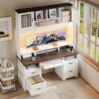 Bureau de direction Hutch avec tiroirs et station de recharge, 78 po H Bureau de travail LED moderne en bois avec armoire et tablette pour clavier