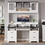 Bureau de direction Hutch avec tiroirs et station de recharge, 78 po H Bureau de travail LED moderne en bois avec armoire et tablette pour clavier