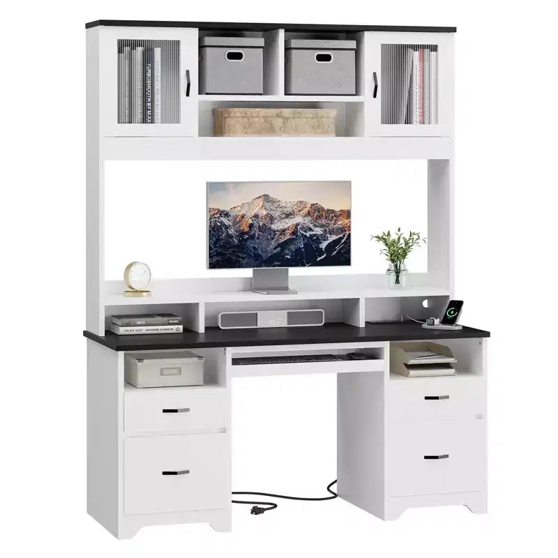Bureau de direction Hutch avec tiroirs et station de recharge, 78 po H Bureau de travail LED moderne en bois avec armoire et tablette pour clavier