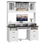 Bureau de direction Hutch avec tiroirs et station de recharge, 78 po H Bureau de travail LED moderne en bois avec armoire et tablette pour clavier