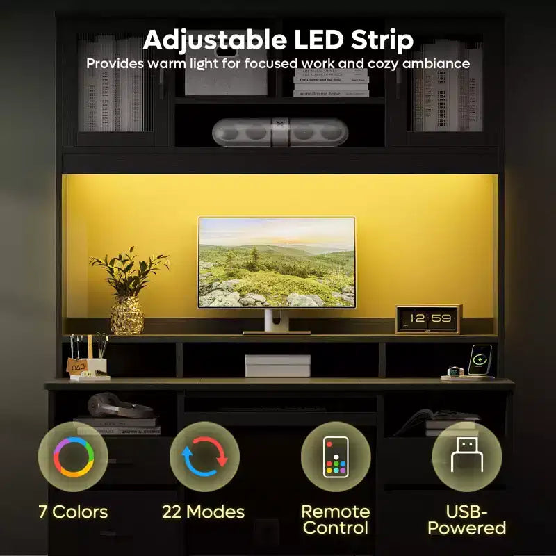 Bureau de direction Hutch avec tiroirs et station de recharge, 78 po H Bureau de travail LED moderne en bois avec armoire et tablette pour clavier