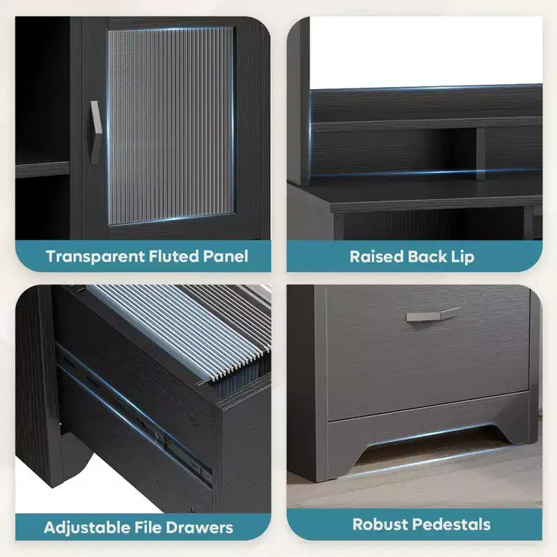 Bureau de direction Hutch avec tiroirs et station de recharge, 78 po H Bureau de travail LED moderne en bois avec armoire et tablette pour clavier