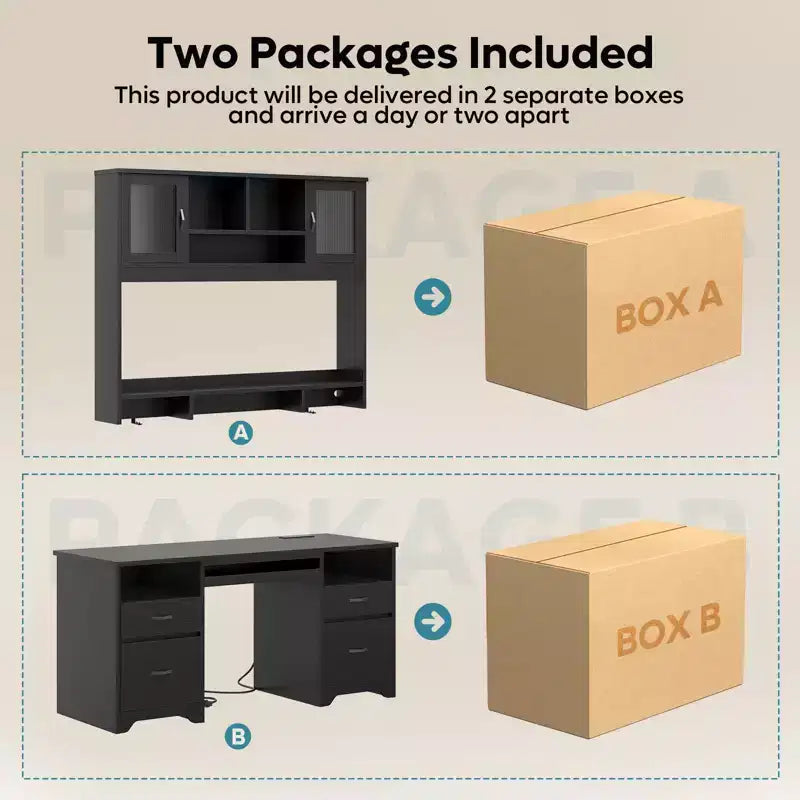 Bureau de direction Hutch avec tiroirs et station de recharge, 78 po H Bureau de travail LED moderne en bois avec armoire et tablette pour clavier