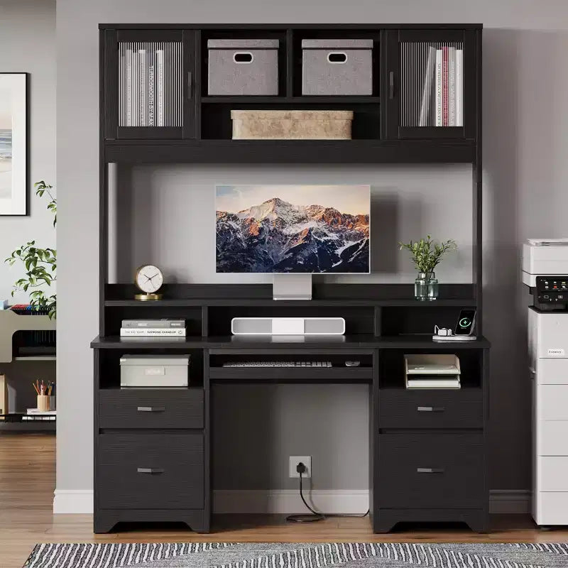 Bureau de direction Hutch avec tiroirs et station de recharge, 78 po H Bureau de travail LED moderne en bois avec armoire et tablette pour clavier