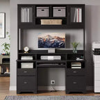 Bureau de direction Hutch avec tiroirs et station de recharge, 78 po H Bureau de travail LED moderne en bois avec armoire et tablette pour clavier