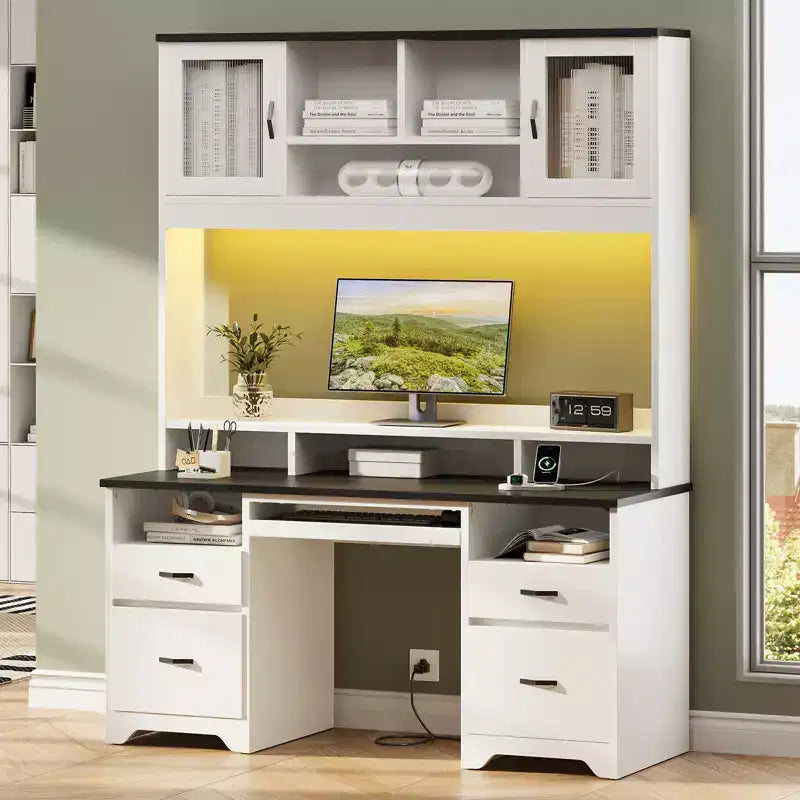Bureau de direction Hutch avec tiroirs et station de recharge, 78 po H Bureau de travail LED moderne en bois avec armoire et tablette pour clavier