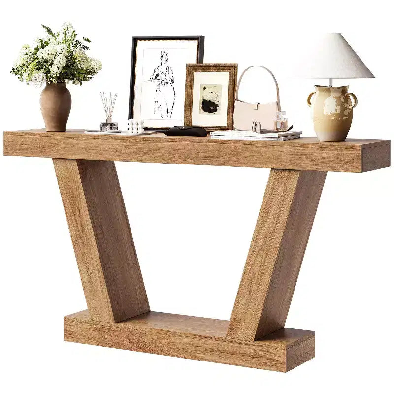 Table console de canapé de ferme à 2 niveaux extra-longue  Design minimaliste, accent pour entrée étroite, base stable, montage facile, finition grain de bois