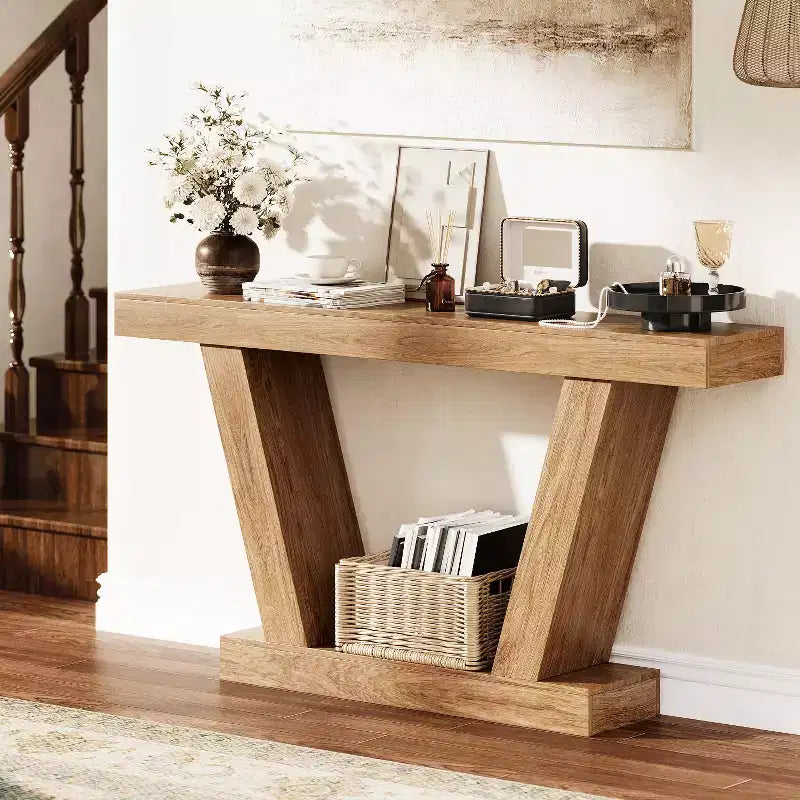 Table console de canapé de ferme à 2 niveaux extra-longue  Design minimaliste, accent pour entrée étroite, base stable, montage facile, finition grain de bois
