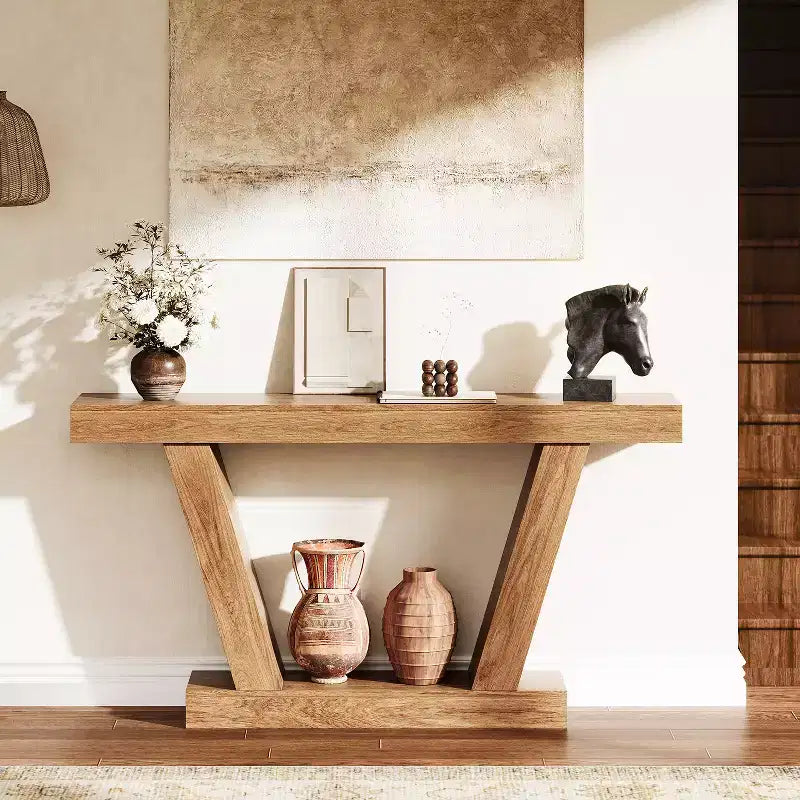 Table console de canapé de ferme à 2 niveaux extra-longue  Design minimaliste, accent pour entrée étroite, base stable, montage facile, finition grain de bois