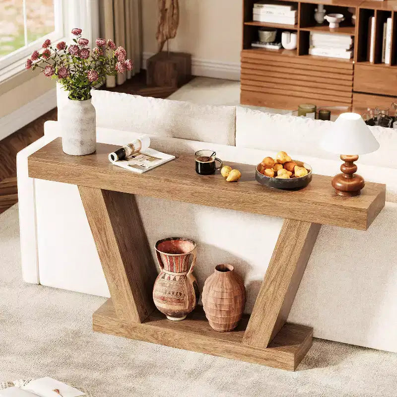 Table console de canapé de ferme à 2 niveaux extra-longue  Design minimaliste, accent pour entrée étroite, base stable, montage facile, finition grain de bois