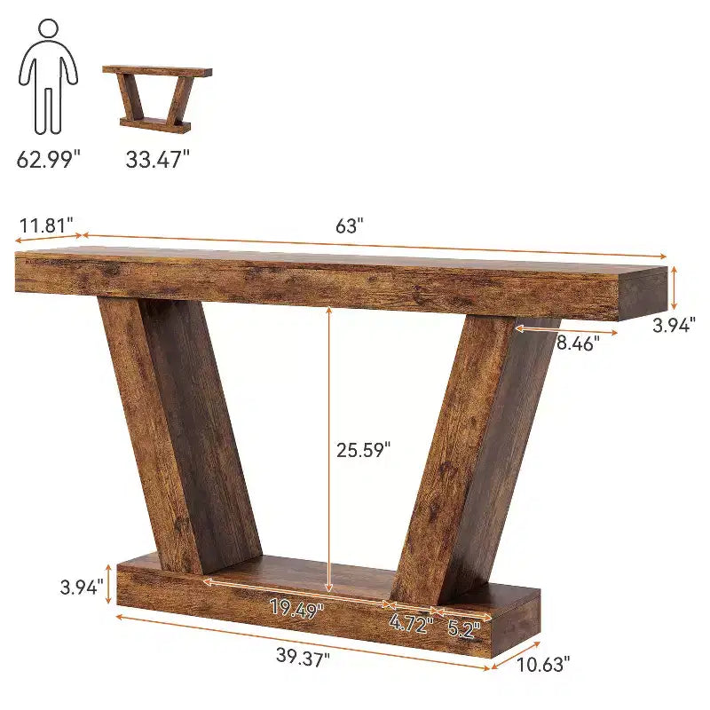 Table console de canapé de ferme à 2 niveaux extra-longue  Design minimaliste, accent pour entrée étroite, base stable, montage facile, finition grain de bois