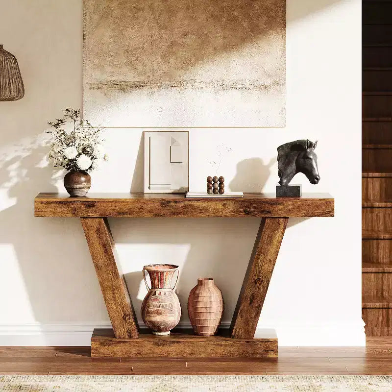 Table console de canapé de ferme à 2 niveaux extra-longue  Design minimaliste, accent pour entrée étroite, base stable, montage facile, finition grain de bois