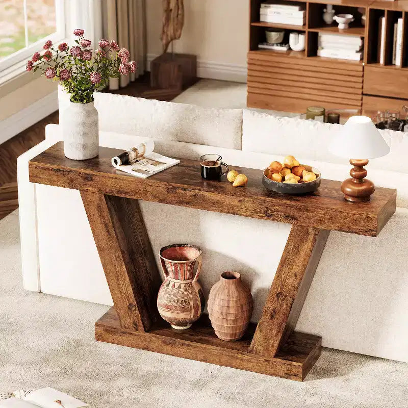 Table console de canapé de ferme à 2 niveaux extra-longue  Design minimaliste, accent pour entrée étroite, base stable, montage facile, finition grain de bois