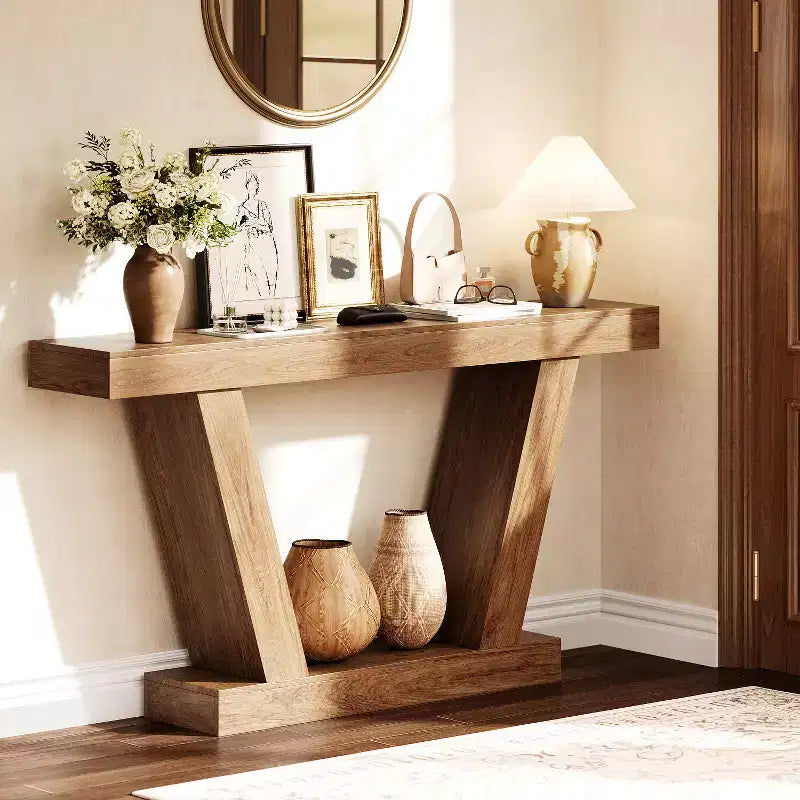 Table console de canapé de ferme à 2 niveaux extra-longue  Design minimaliste, accent pour entrée étroite, base stable, montage facile, finition grain de bois