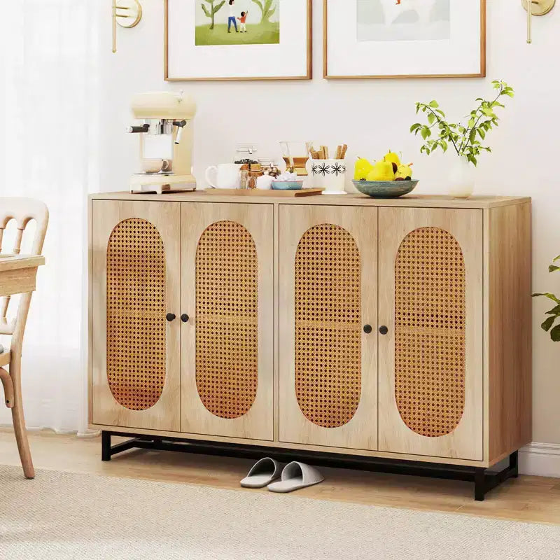 Buffet 50" avec 4 portes en rotin, étagères réglables, pieds en métal, pour salle à manger