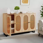 Buffet 50" avec 4 portes en rotin, étagères réglables, pieds en métal, pour salle à manger