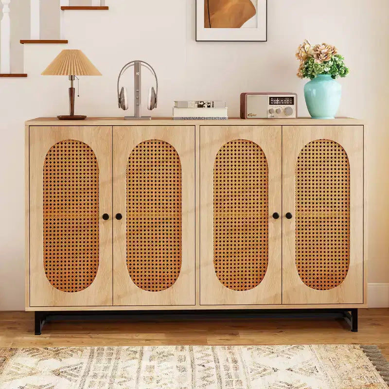 Buffet 50" avec 4 portes en rotin, étagères réglables, pieds en métal, pour salle à manger