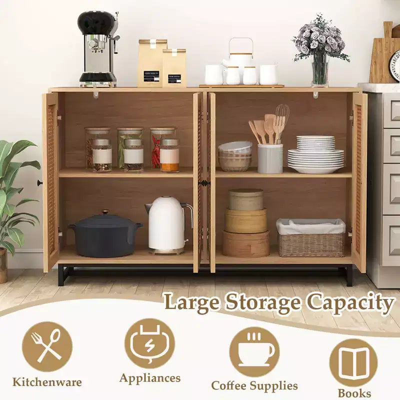 Buffet 50" avec 4 portes en rotin, étagères réglables, pieds en métal, pour salle à manger