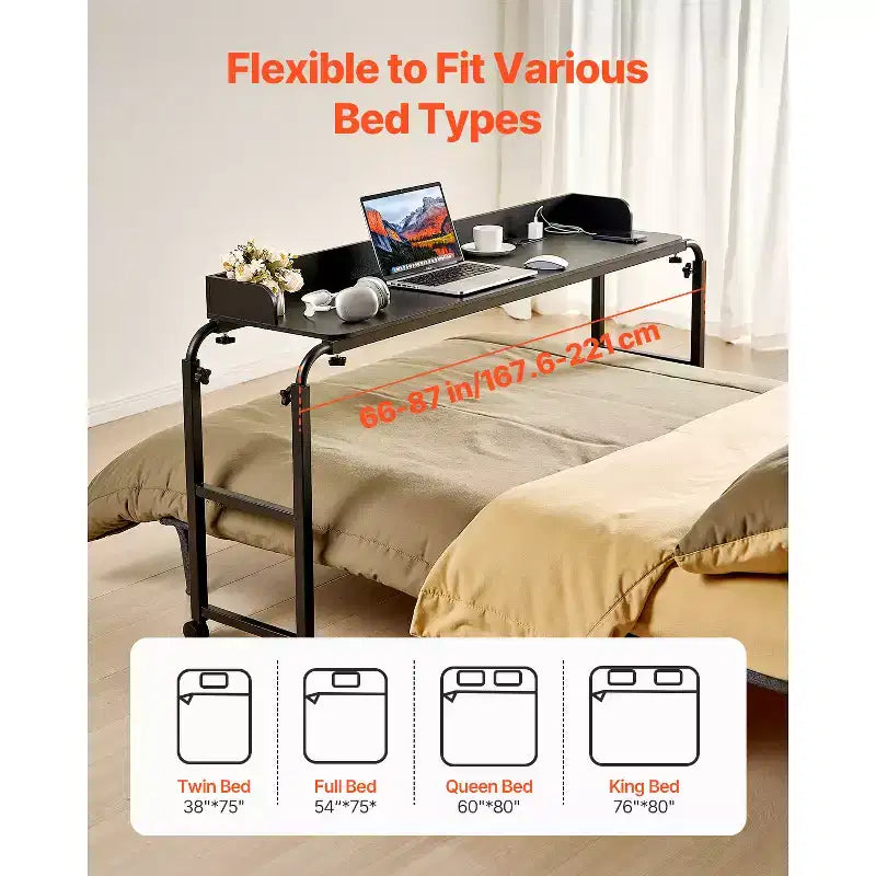 Table de Lit, Table de Chevet Mobile avec 4 Roulettes (dont 2 avec Freins) et Prise de Courant, Bureau d'Ordinateur Portable Roulant à Hauteur Réglable, Noir