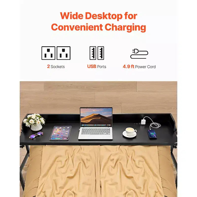 Table de Lit, Table de Chevet Mobile avec 4 Roulettes (dont 2 avec Freins) et Prise de Courant, Bureau d'Ordinateur Portable Roulant à Hauteur Réglable, Noir