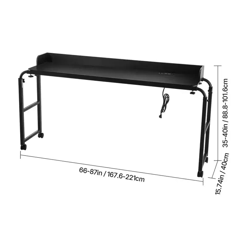 Table de Lit, Table de Chevet Mobile avec 4 Roulettes (dont 2 avec Freins) et Prise de Courant, Bureau d'Ordinateur Portable Roulant à Hauteur Réglable, Noir