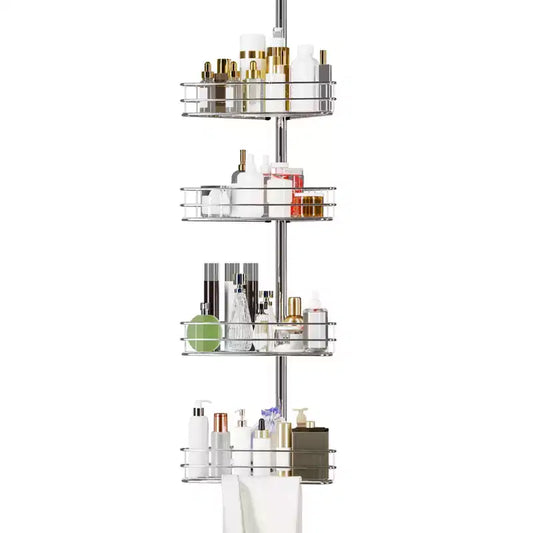 Adjustable Shower Corner for Bathroom, 4-Tier Rustproof Bathroom Organizer Shelves with Pole, Floor Standing Bath Rack for Bathtub Shampoo Storage